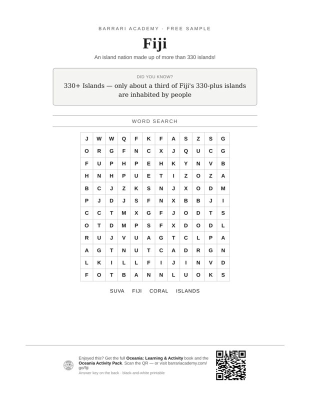 The free Fiji worksheet — a fun fact and a word search