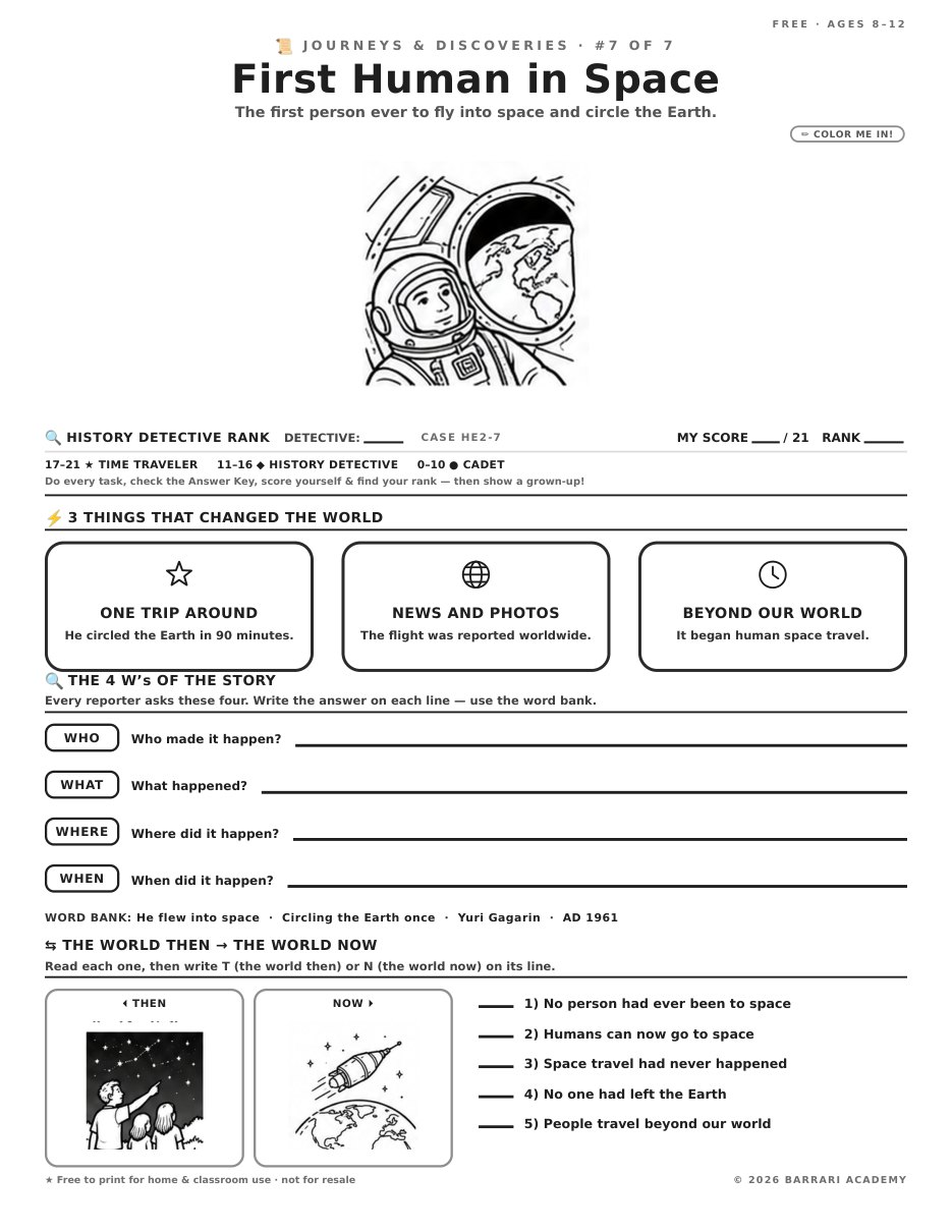 The free First Human in Space worksheet — fun facts and activities