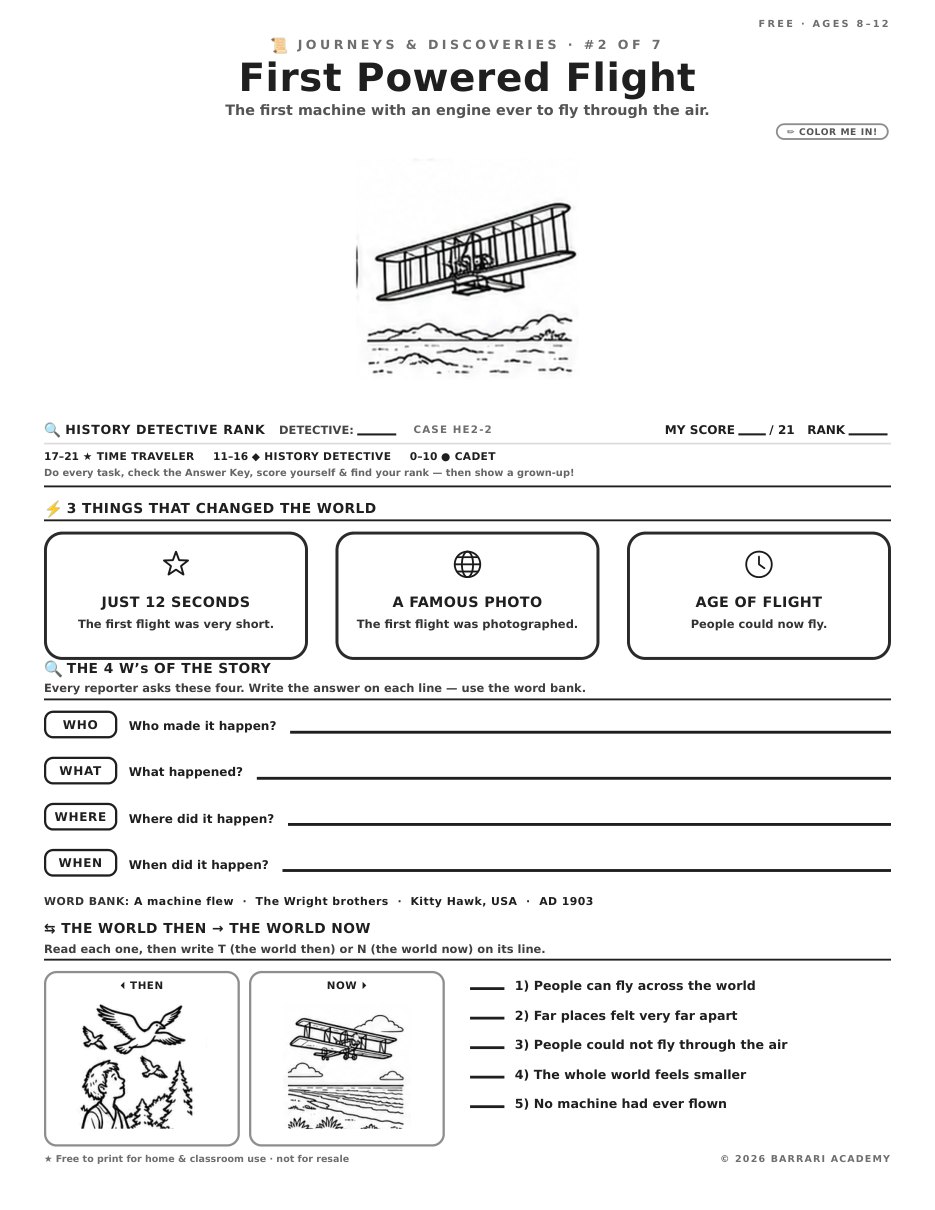 The free First Powered Flight worksheet — fun facts and activities