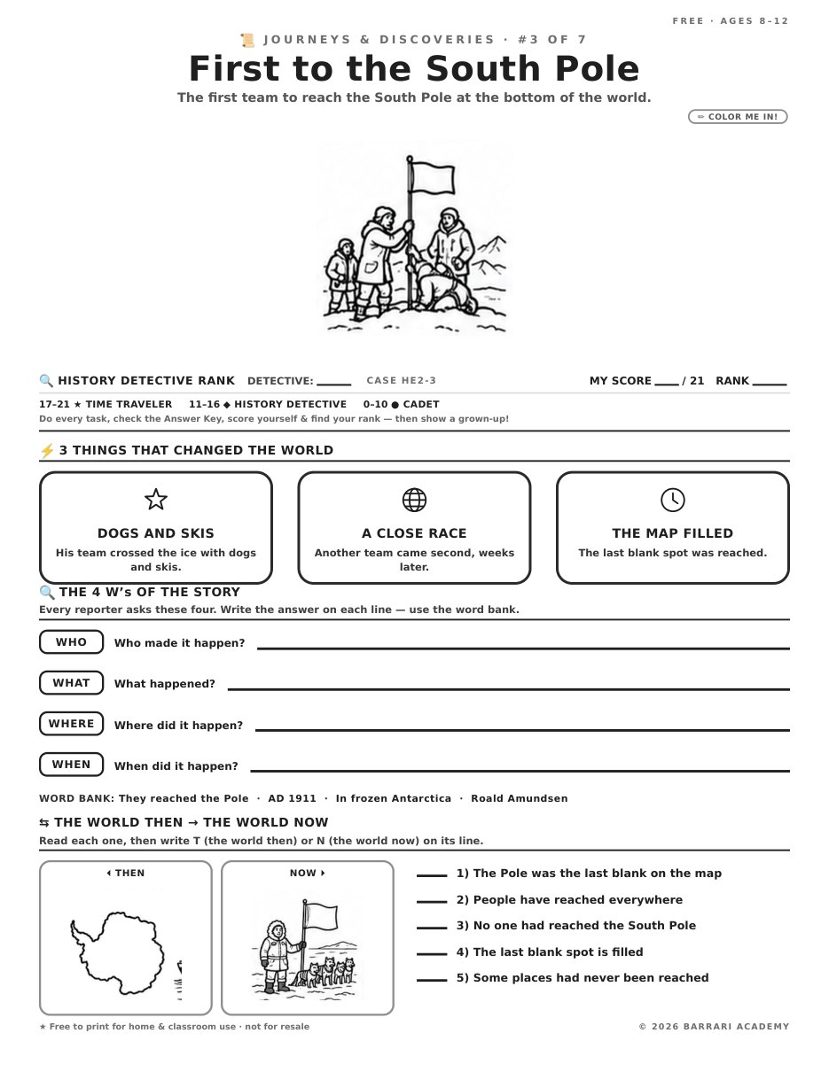The free First to the South Pole worksheet — fun facts and activities