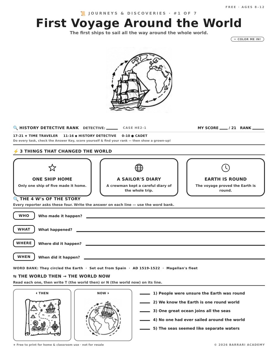 The free First Voyage Around the World worksheet — fun facts and activities