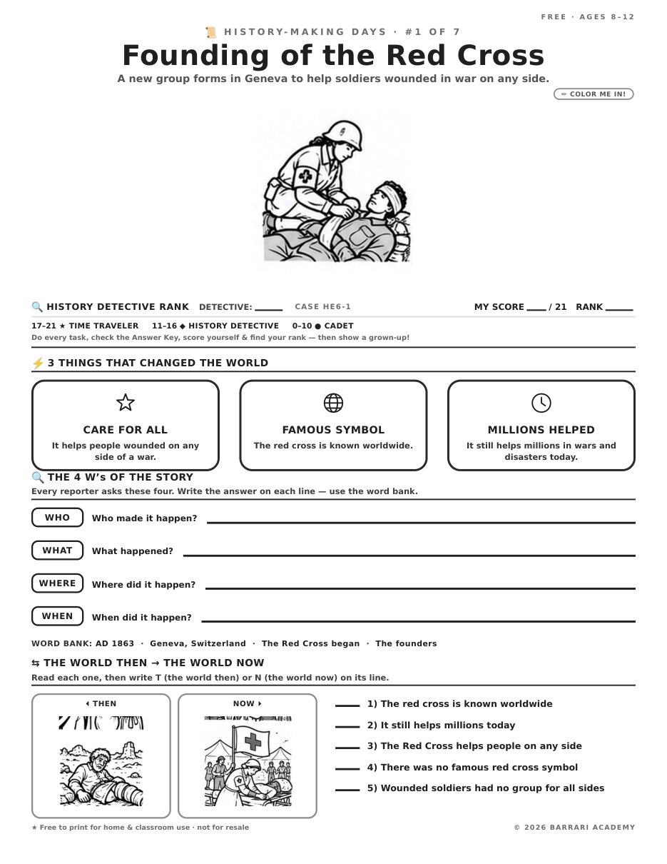 The free Founding of the Red Cross worksheet — fun facts and activities