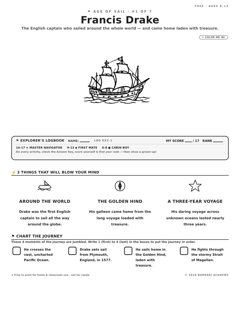 The free Francis Drake worksheet — fun facts and activities
