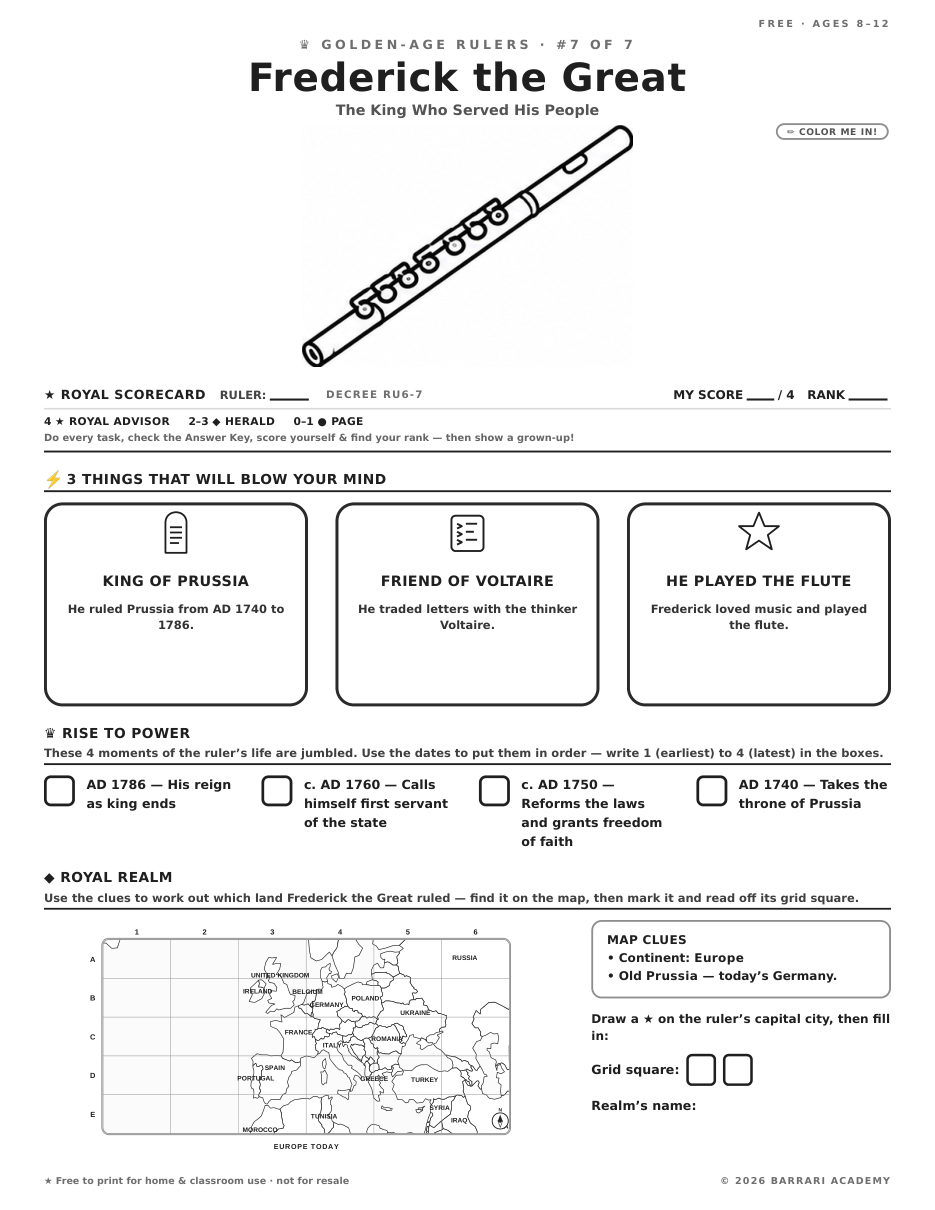 The free Frederick the Great worksheet — fun facts and activities