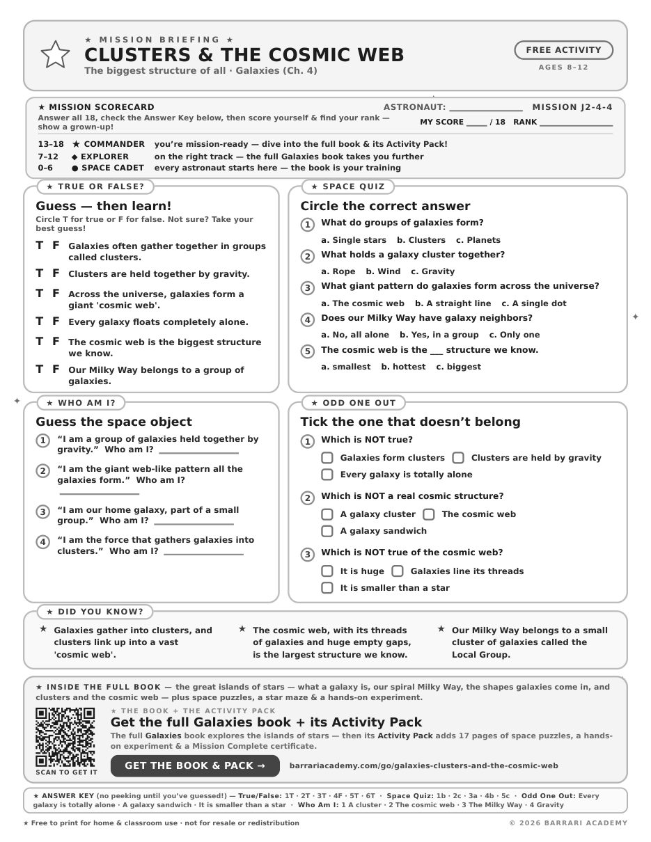 The free Clusters and the Cosmic Web worksheet — fun facts and activities