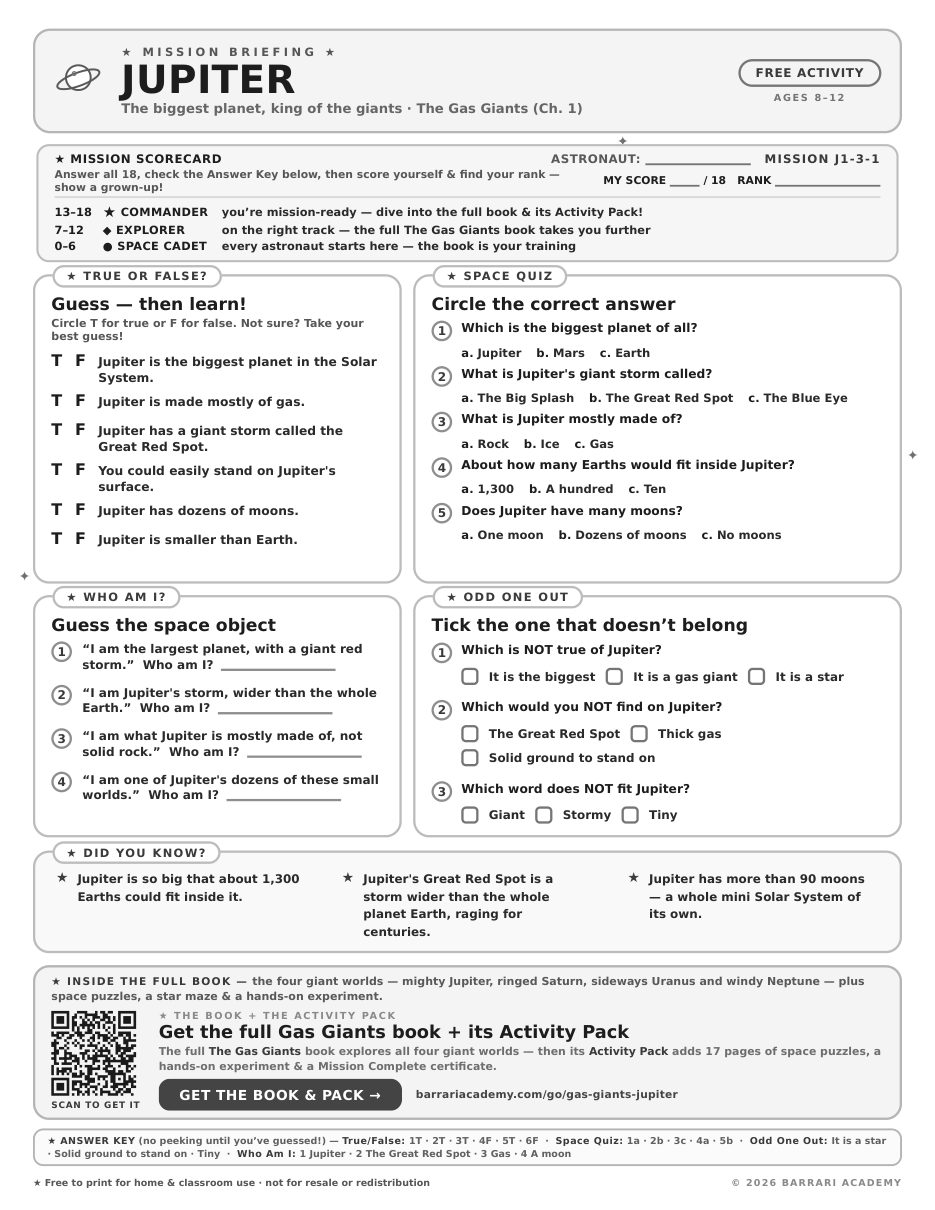 The free Jupiter worksheet — fun facts and activities