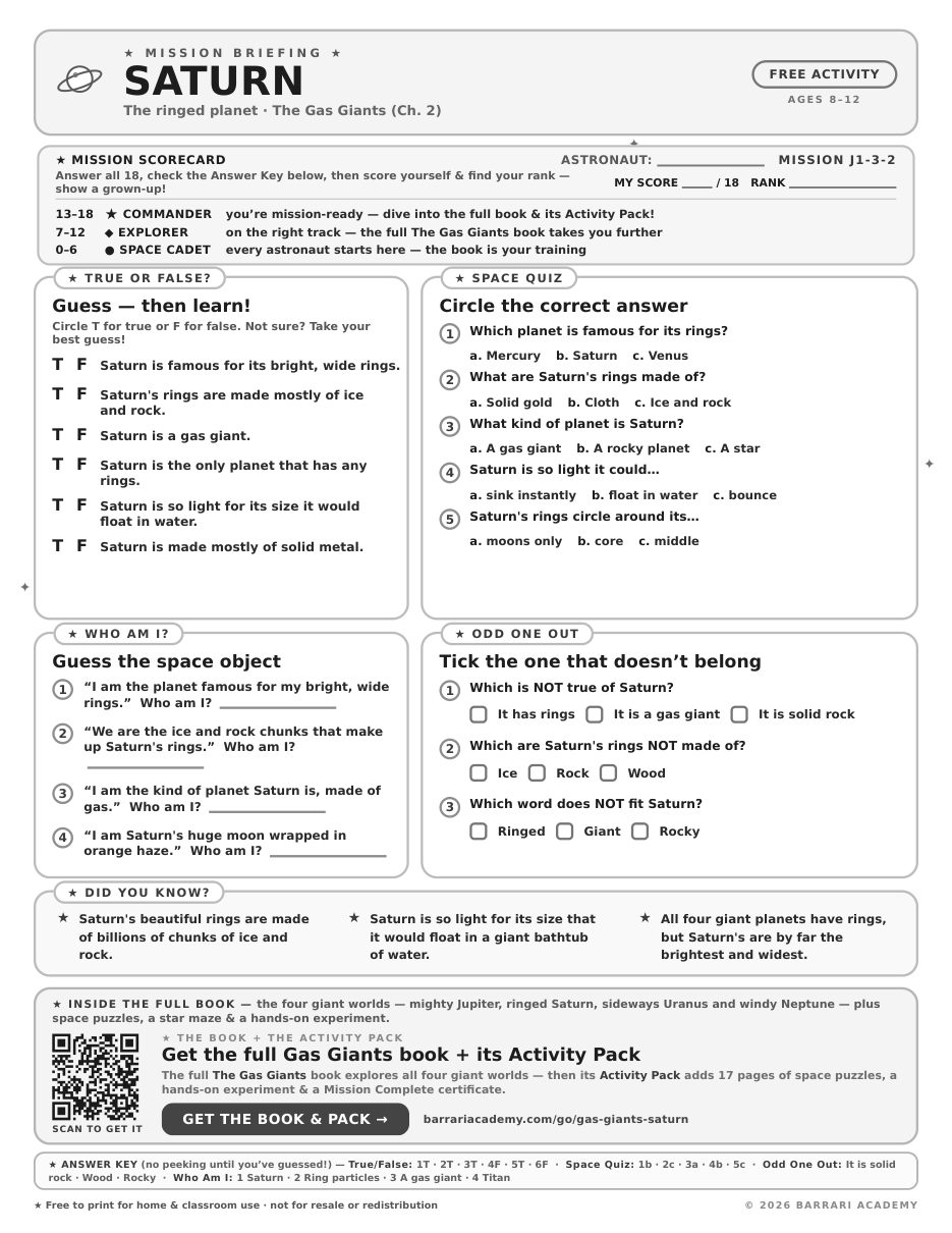 The free Saturn worksheet — fun facts and activities
