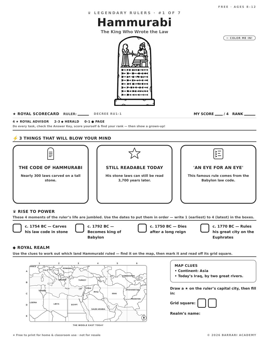 The free Hammurabi worksheet — fun facts and activities