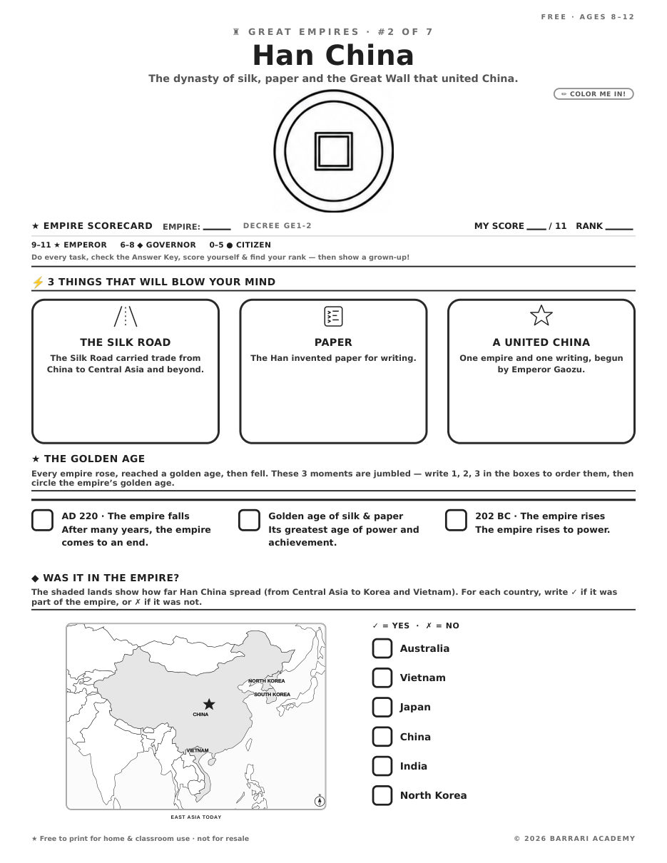 The free Han China worksheet — fun facts and activities