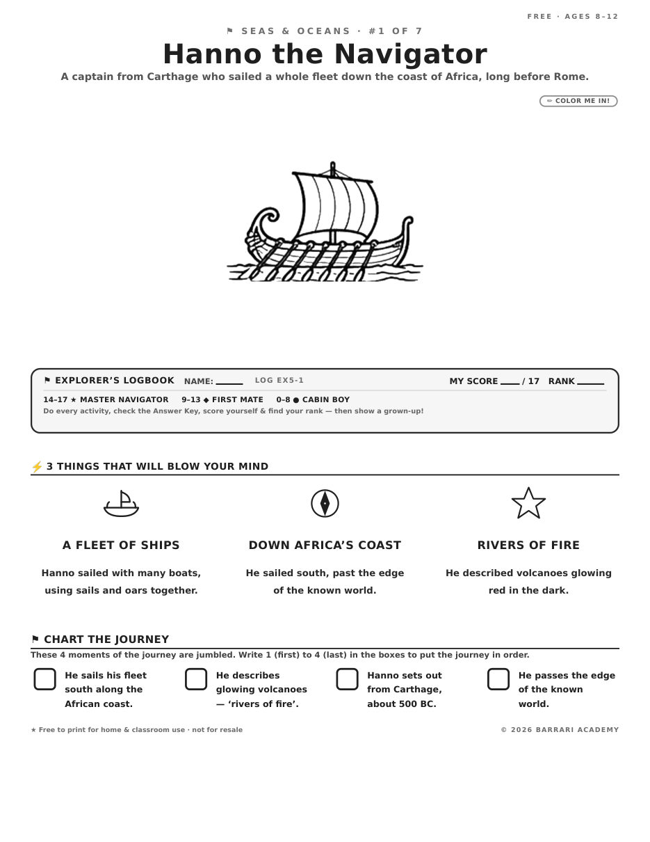 The free Hanno the Navigator worksheet — fun facts and activities