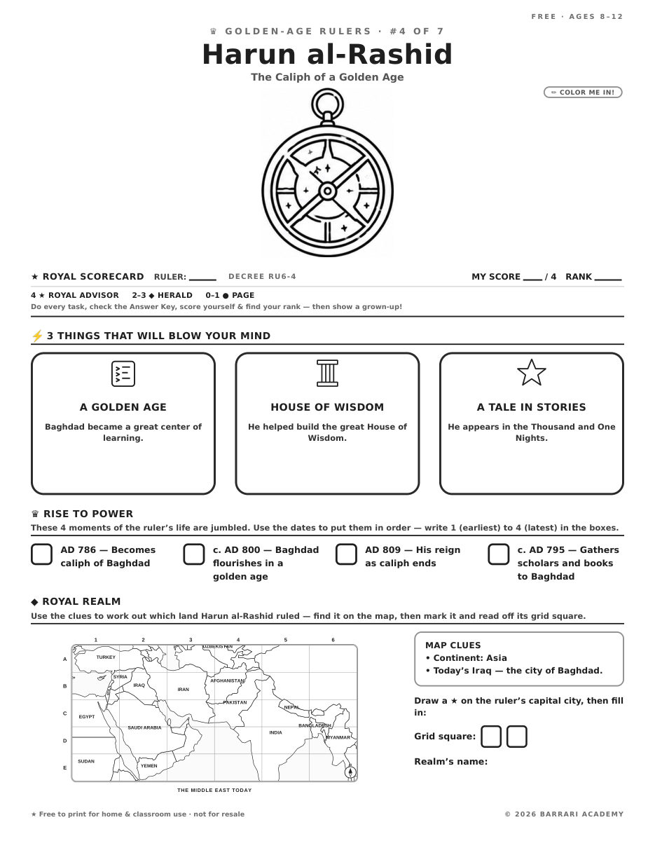 The free Harun al-Rashid worksheet — fun facts and activities