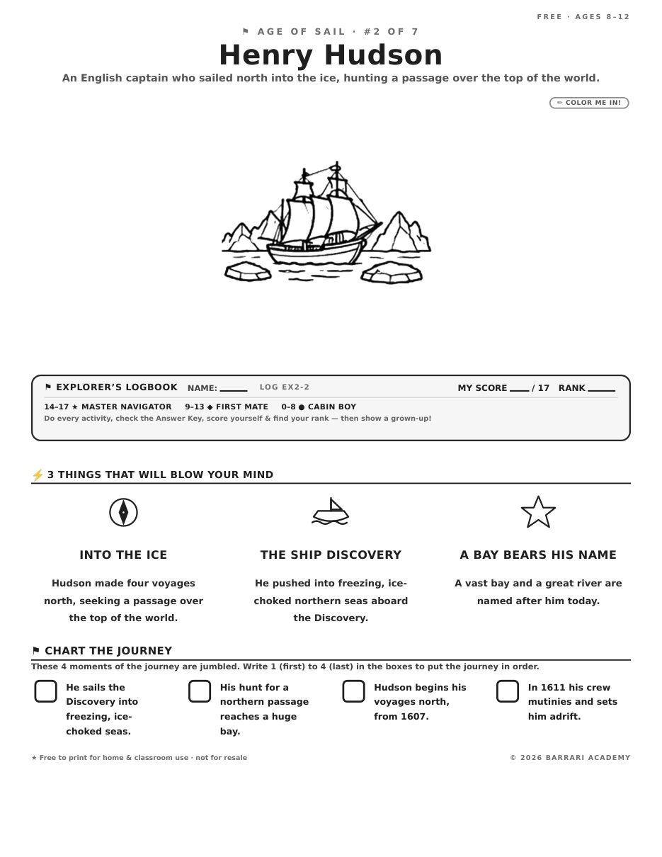 The free Henry Hudson worksheet — fun facts and activities