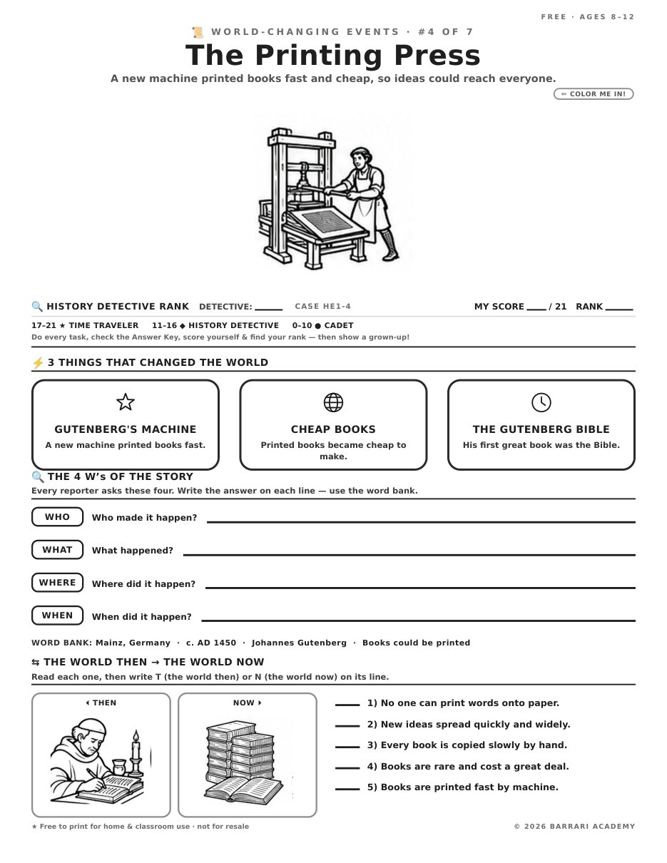 The free The Printing Press worksheet — fun facts and activities