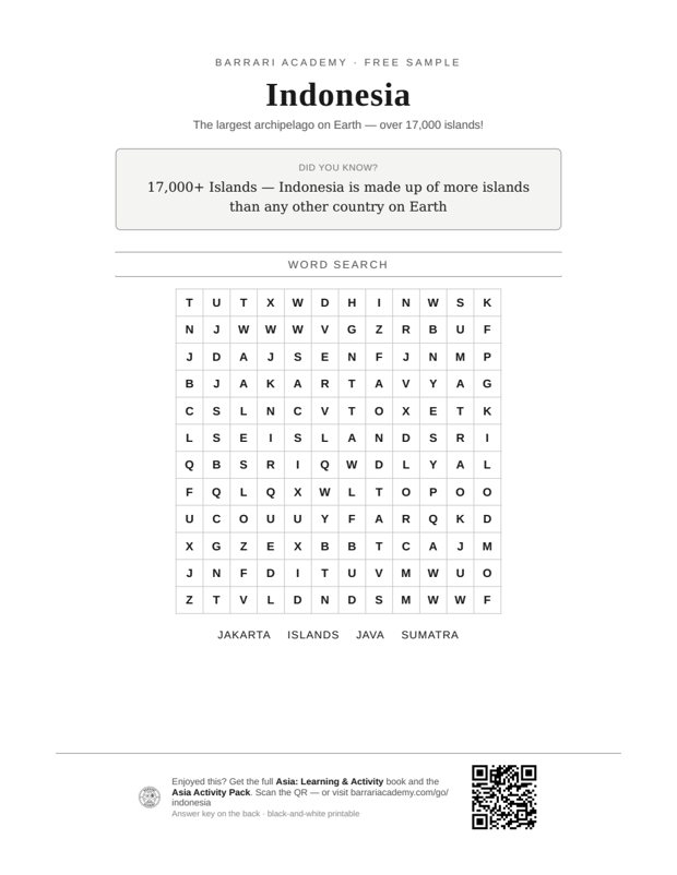 The free Indonesia worksheet — a fun fact and a word search