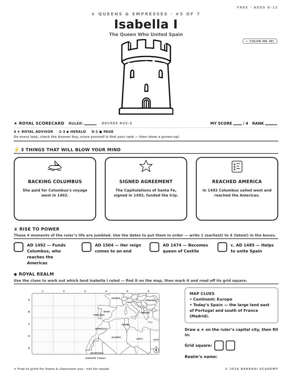 The free Isabella I worksheet — fun facts and activities