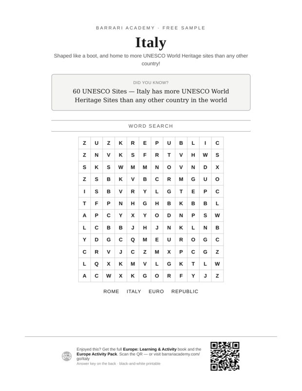 The free Italy worksheet — a fun fact and a word search
