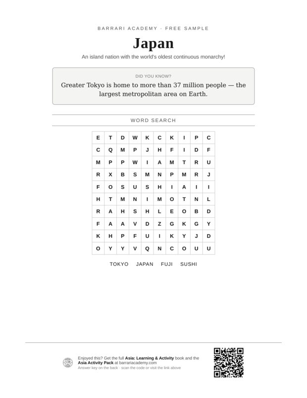 The free Japan worksheet — a fun fact and a word search