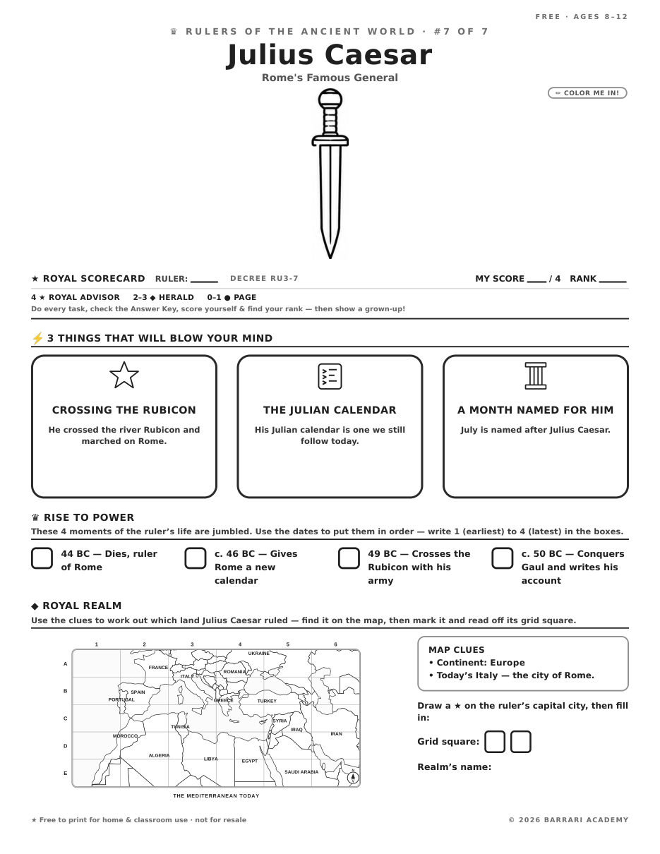 The free Julius Caesar worksheet — fun facts and activities