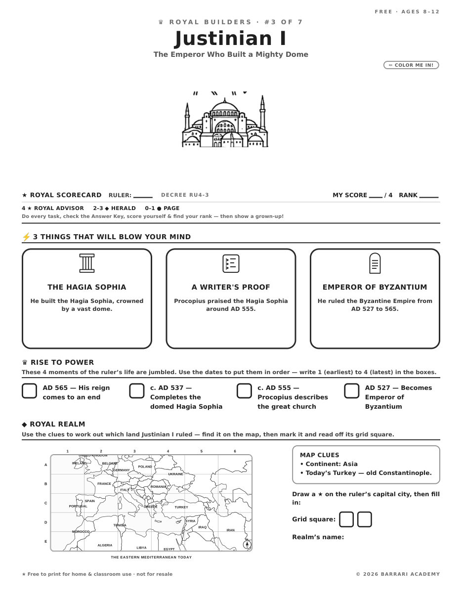 The free Justinian I worksheet — fun facts and activities