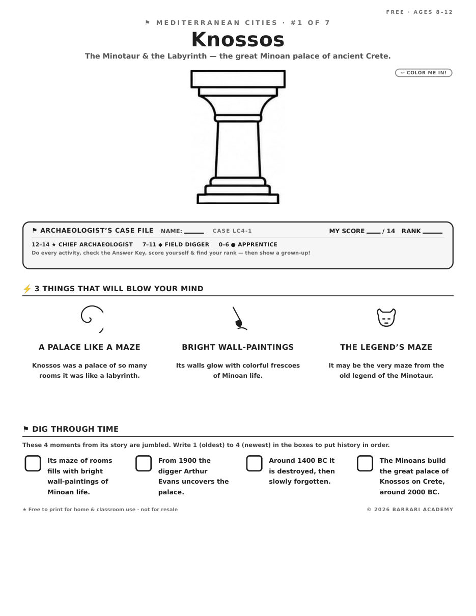 The free Knossos worksheet — fun facts and activities