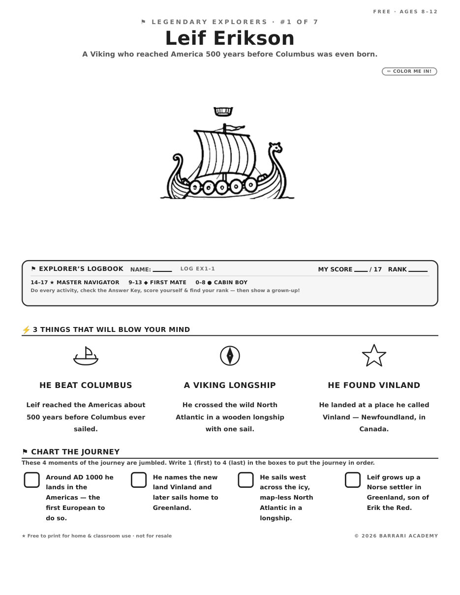 The free Leif Erikson worksheet — fun facts and activities