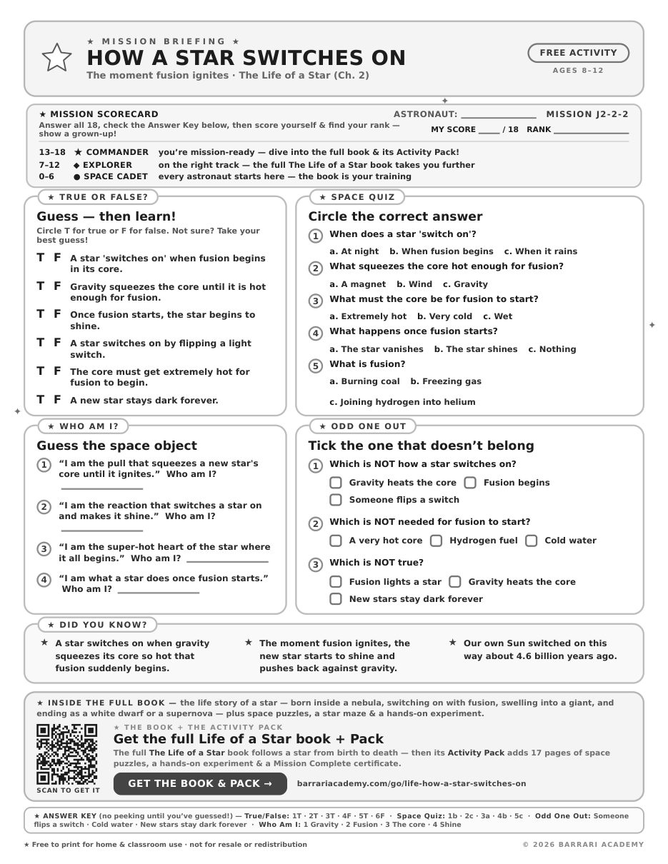 The free How a Star Switches On worksheet — fun facts and activities