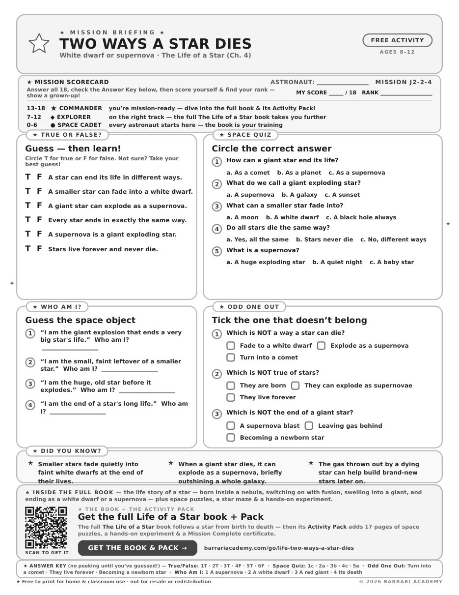 The free Two Ways a Star Dies worksheet — fun facts and activities