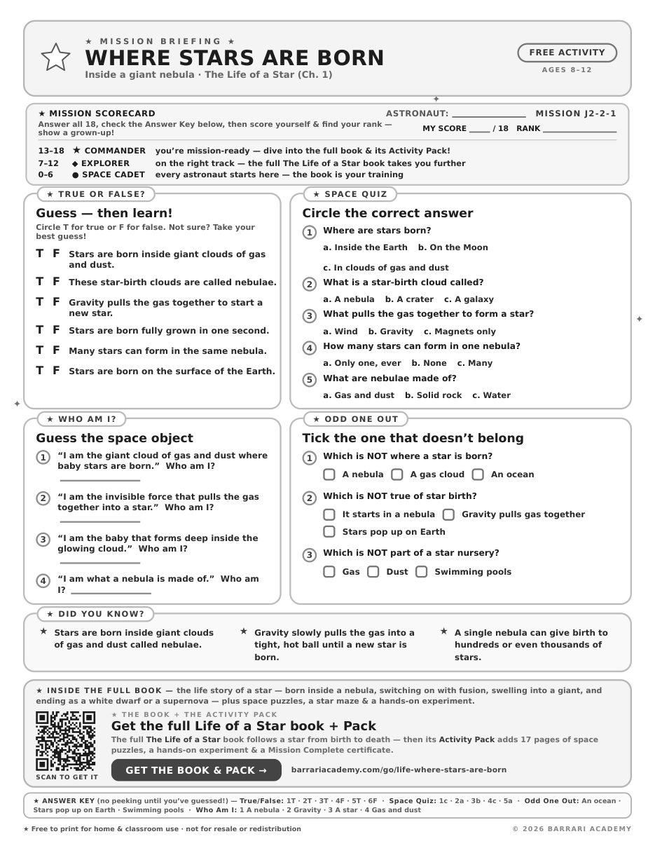 The free Where Stars Are Born worksheet — fun facts and activities