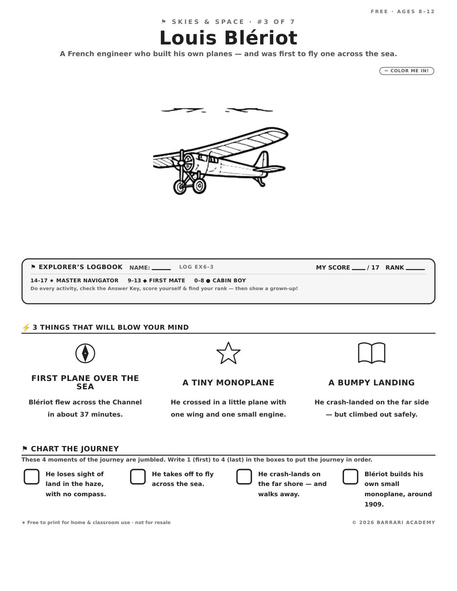 The free Louis Bleriot worksheet — fun facts and activities