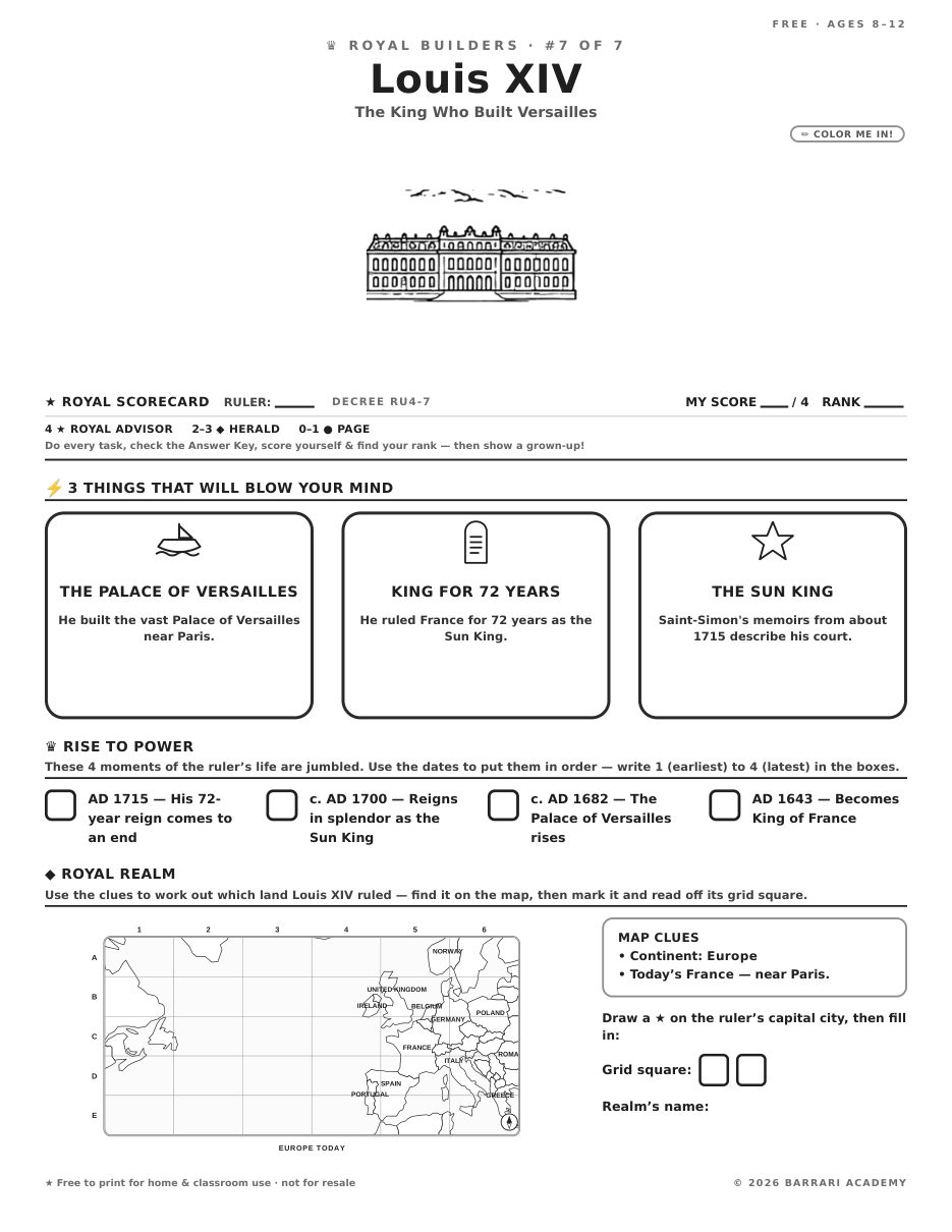 The free Louis XIV worksheet — fun facts and activities