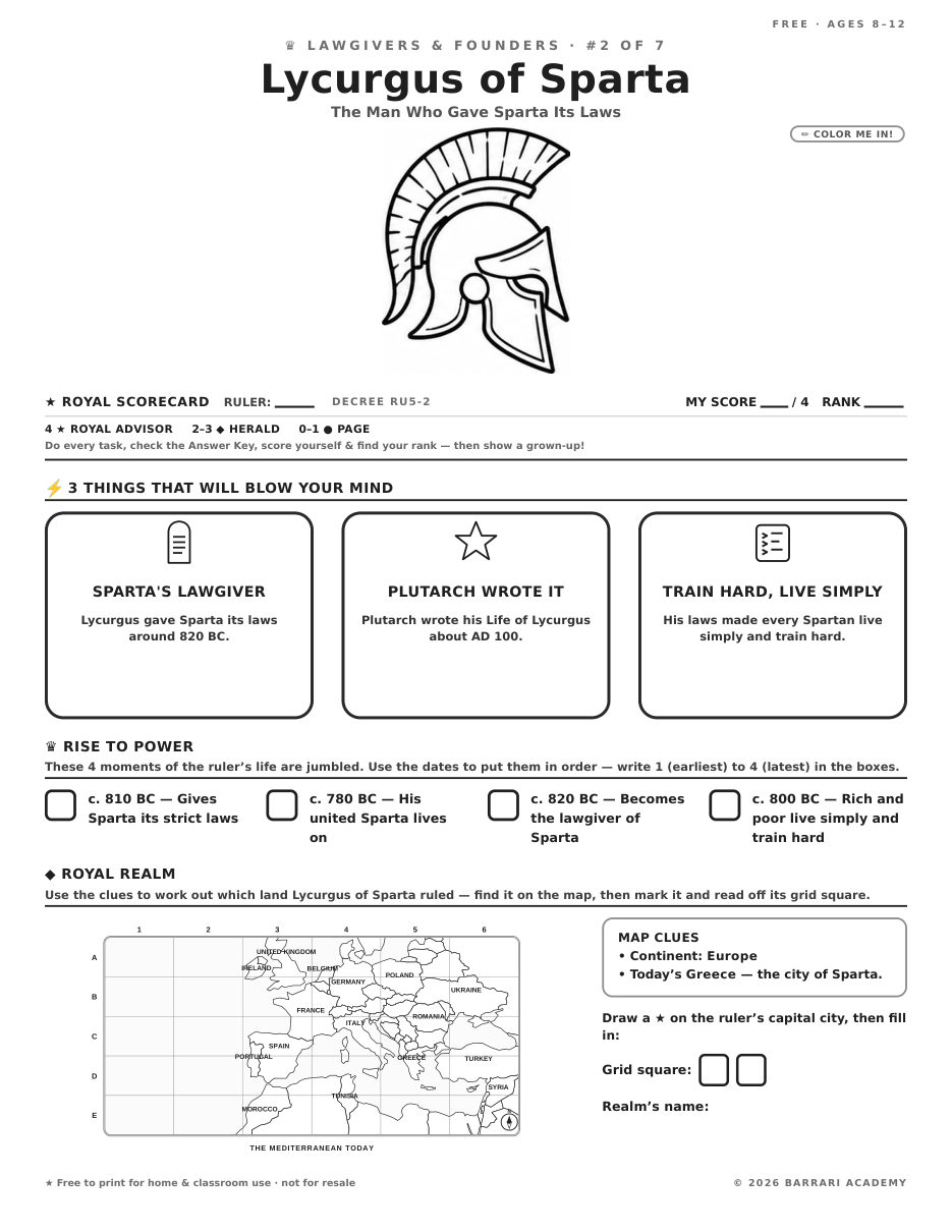 The free Lycurgus of Sparta worksheet — fun facts and activities