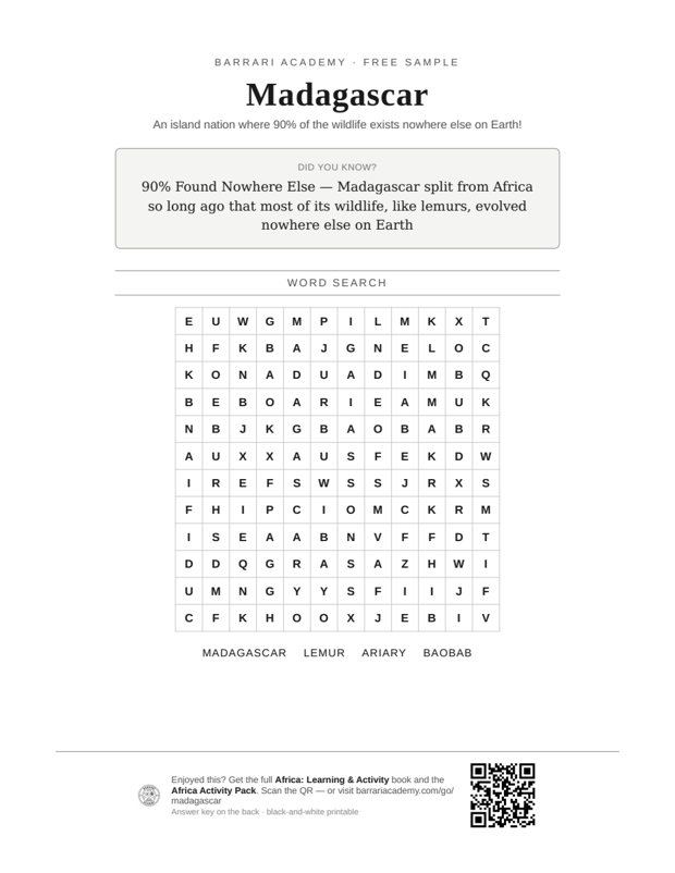 The free Madagascar worksheet — a fun fact and a word search