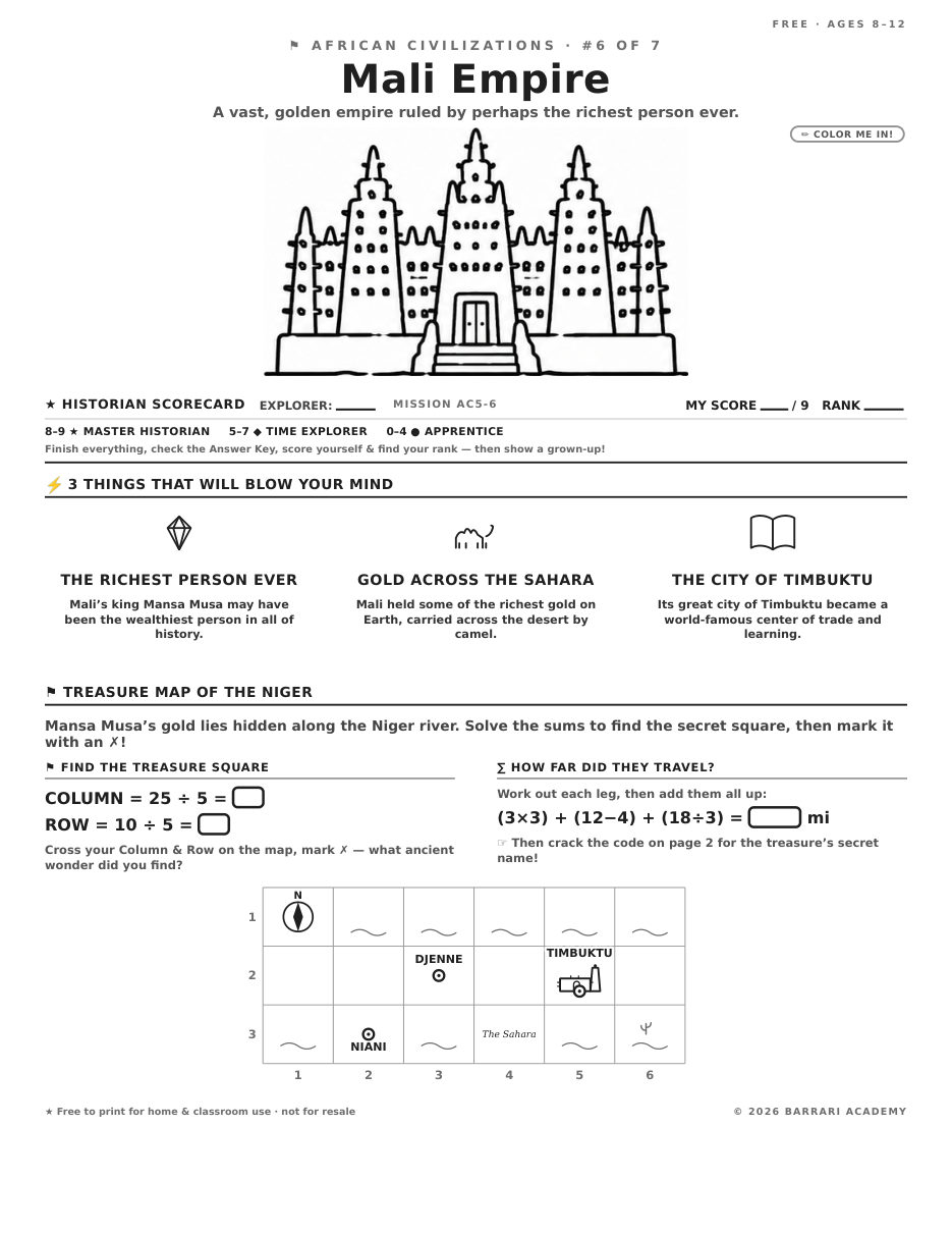The free Mali Empire worksheet — fun facts and activities