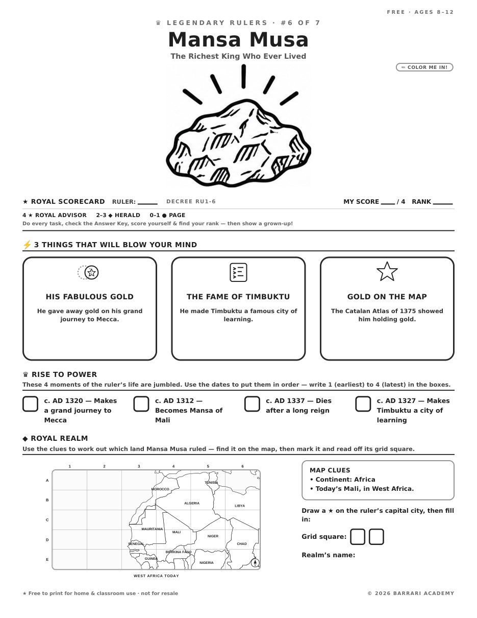 The free Mansa Musa worksheet — fun facts and activities