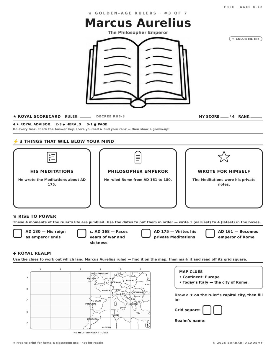 The free Marcus Aurelius worksheet — fun facts and activities