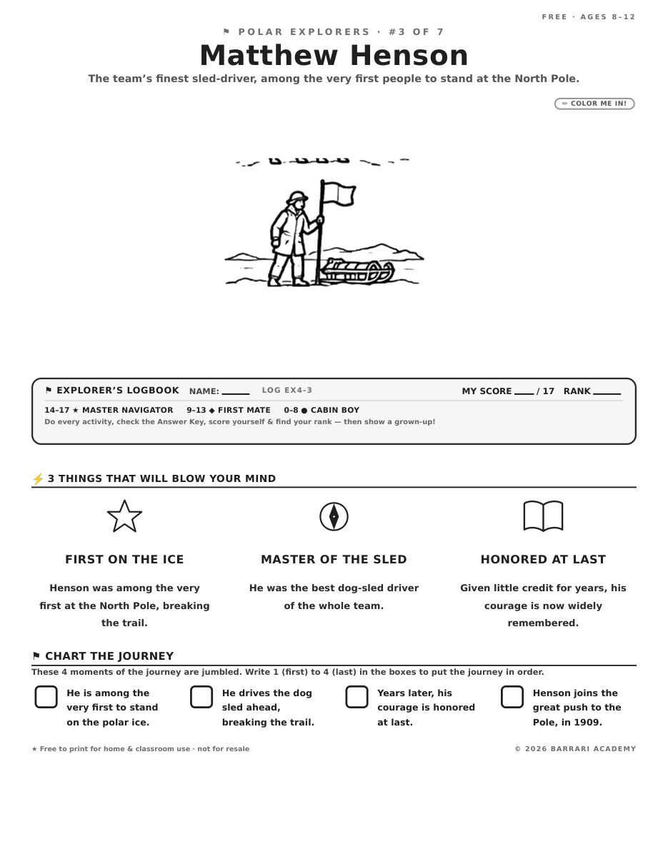 The free Matthew Henson worksheet — fun facts and activities
