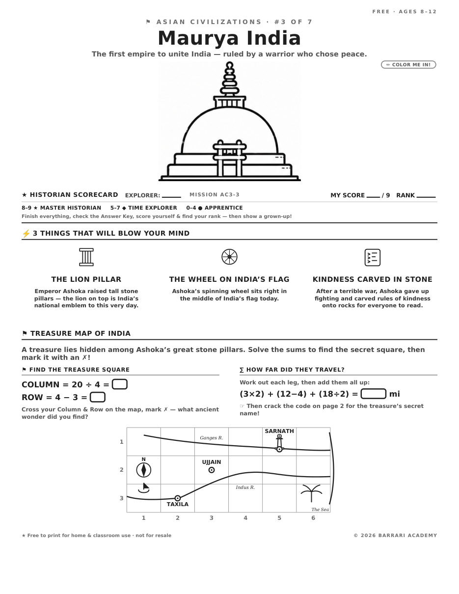 The free Maurya India worksheet — fun facts and activities