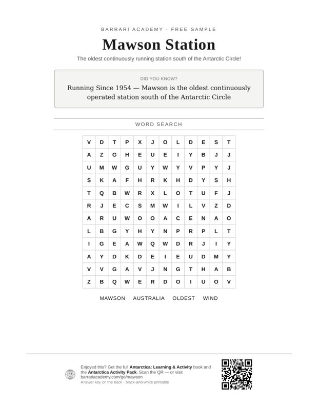 The free Mawson Station worksheet — a fun fact and a word search