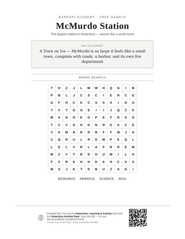 The free McMurdo Station worksheet — a fun fact and a word search