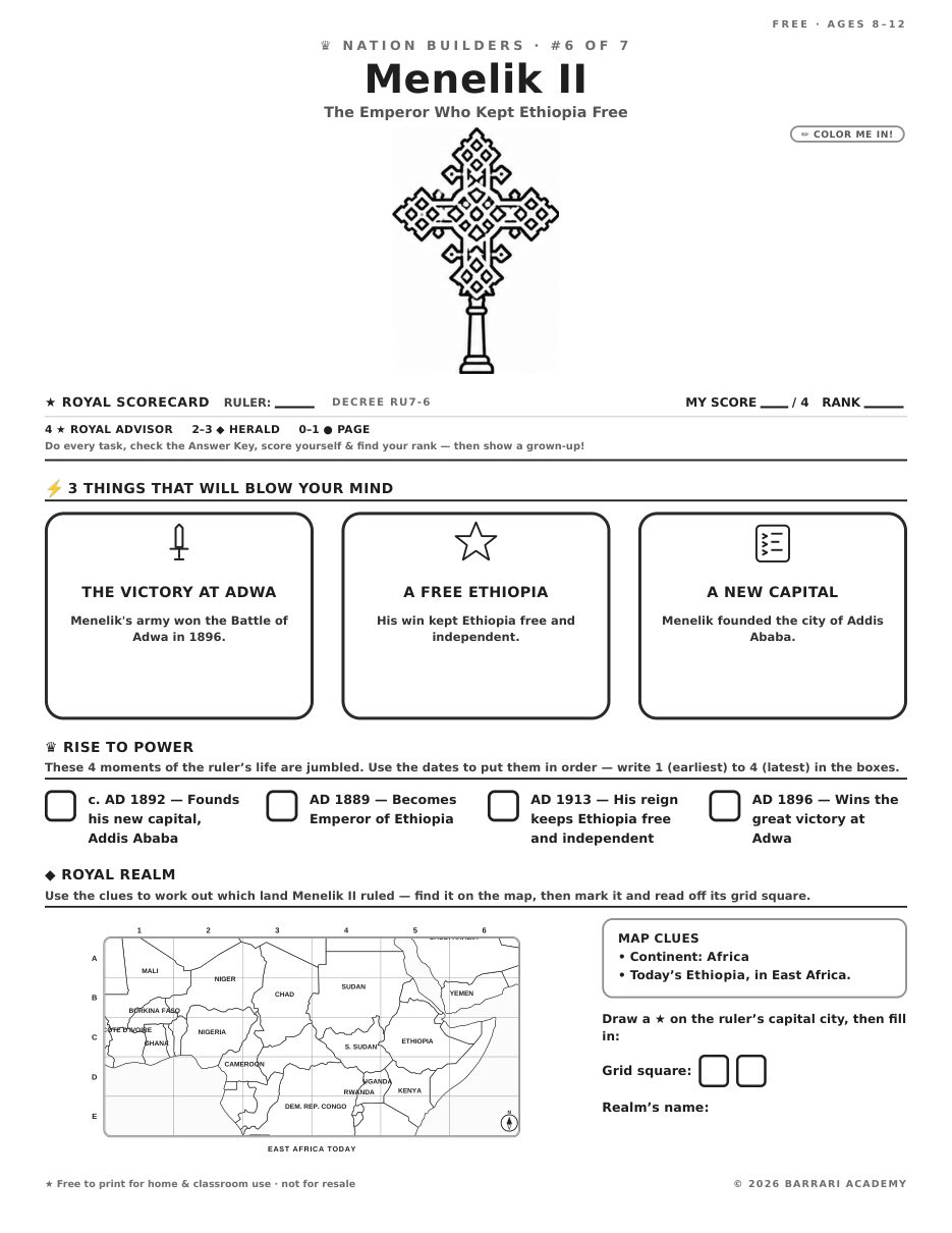 The free Menelik II worksheet — fun facts and activities