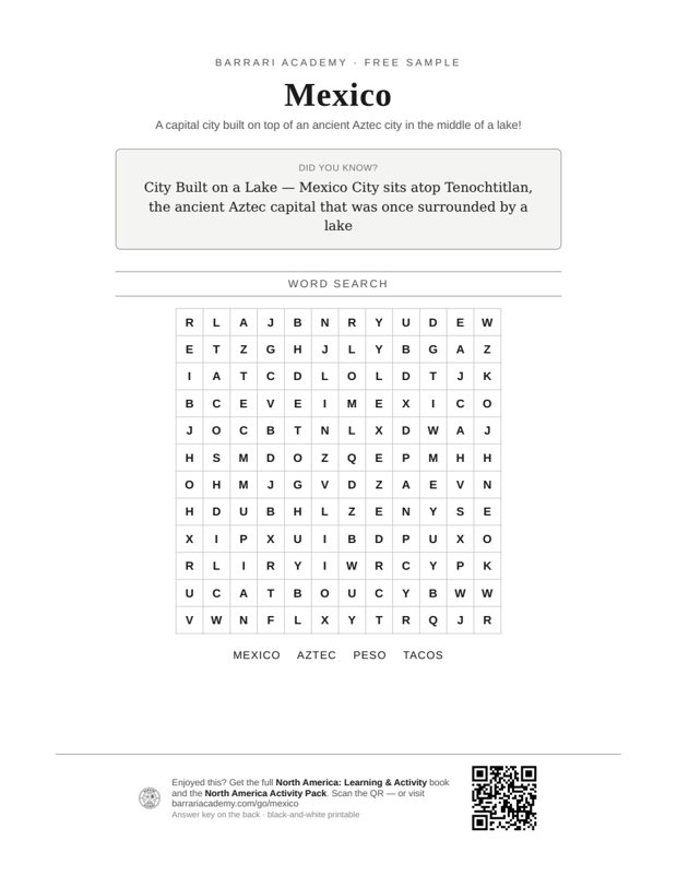 The free Mexico worksheet — a fun fact and a word search