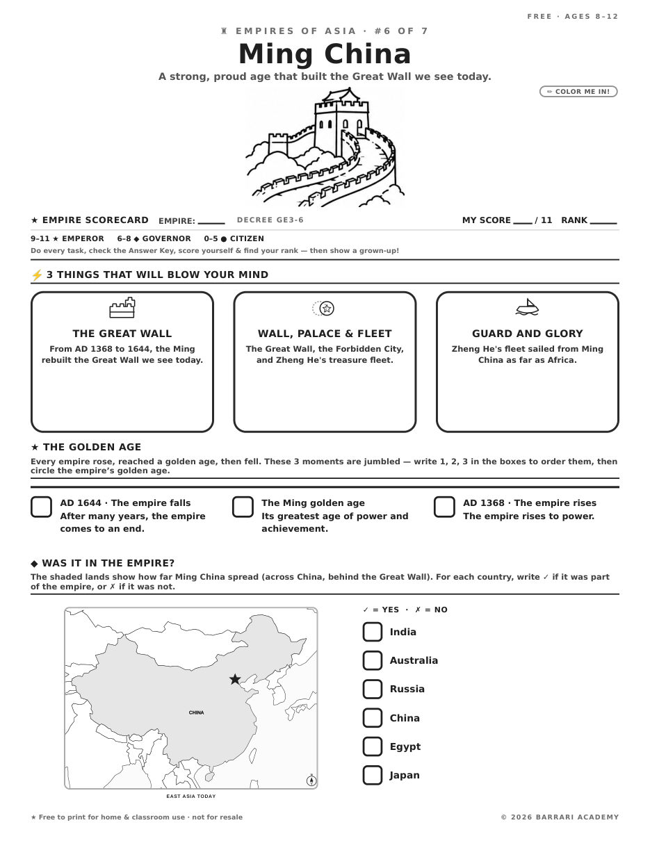 The free Ming China worksheet — fun facts and activities