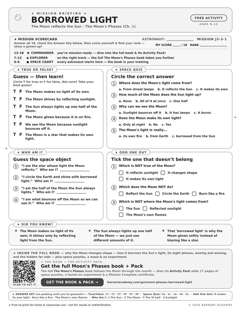 The free Borrowed Light worksheet — fun facts and activities