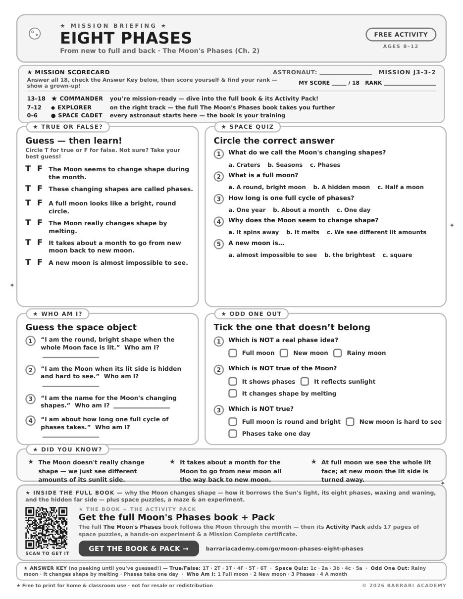 The free Eight Phases worksheet — fun facts and activities
