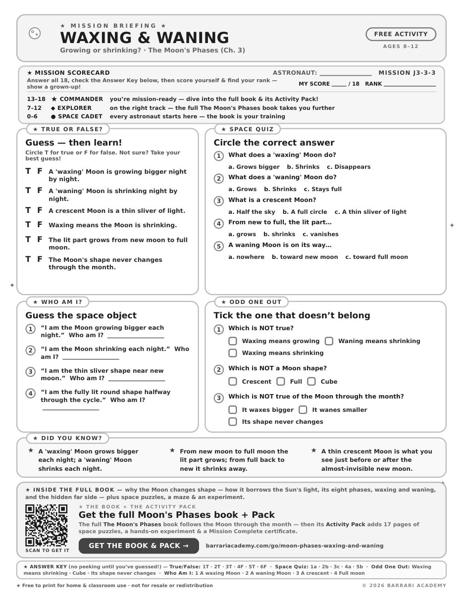 The free Waxing and Waning worksheet — fun facts and activities