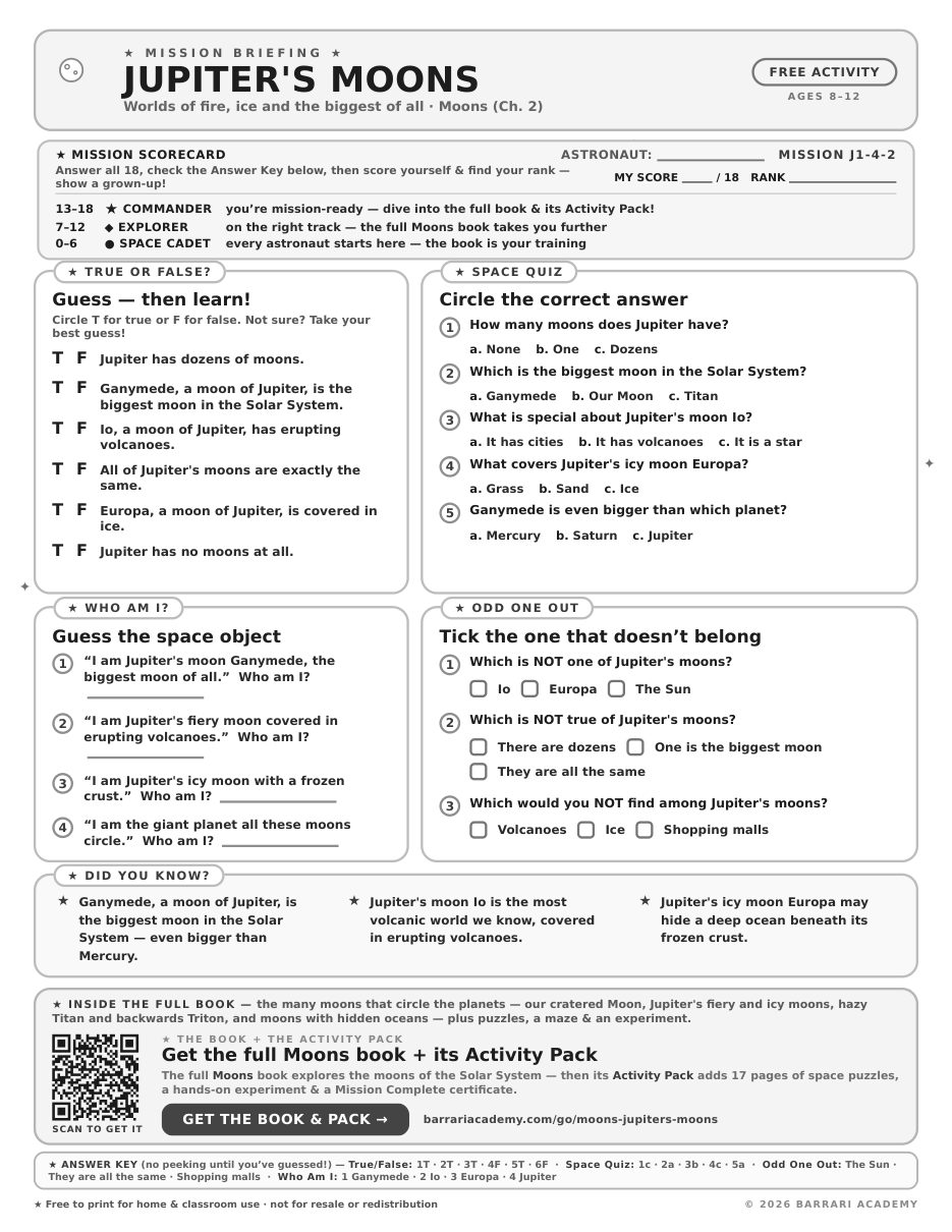 The free Jupiters Moons worksheet — fun facts and activities