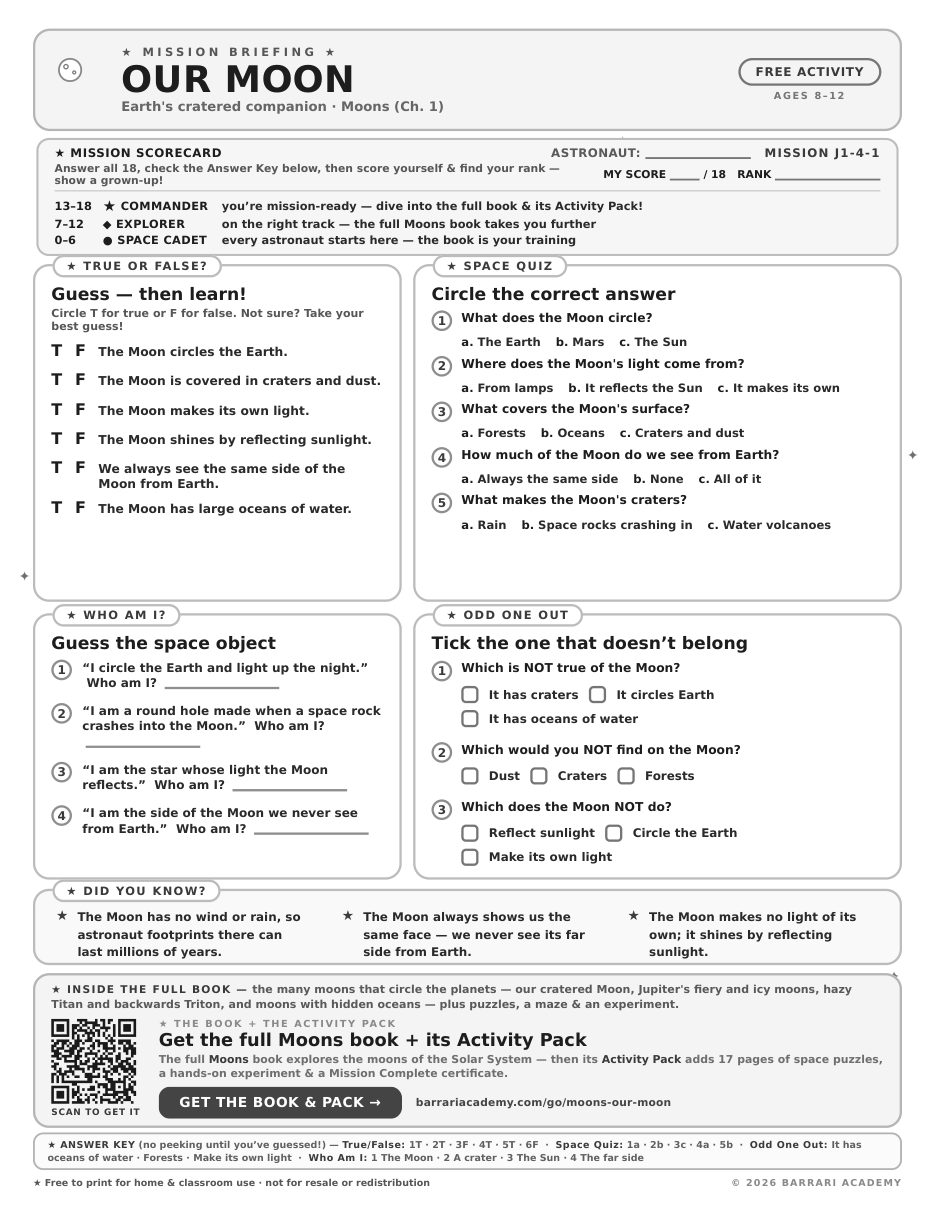 The free Our Moon worksheet — fun facts and activities