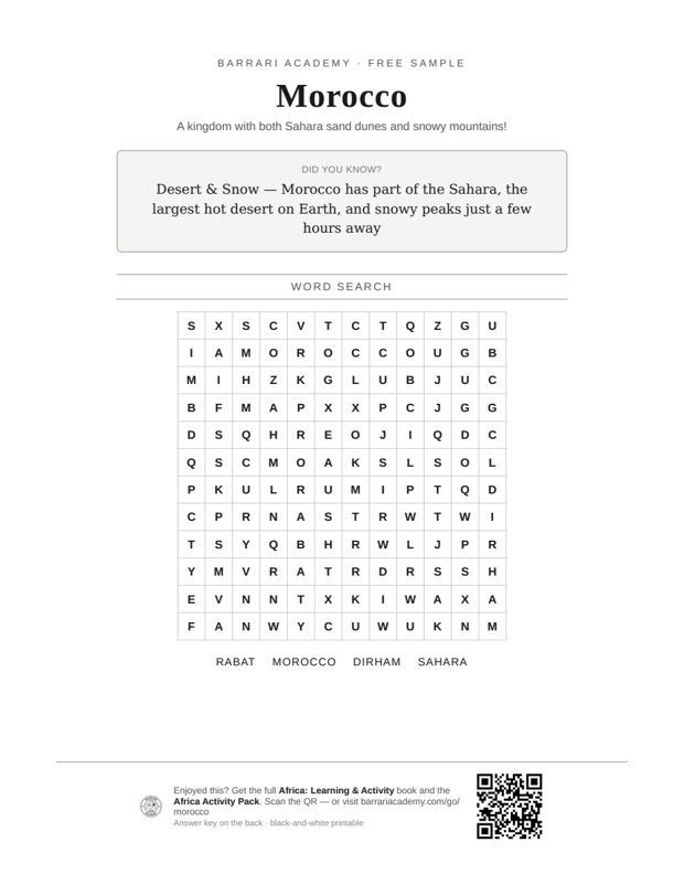The free Morocco worksheet — a fun fact and a word search