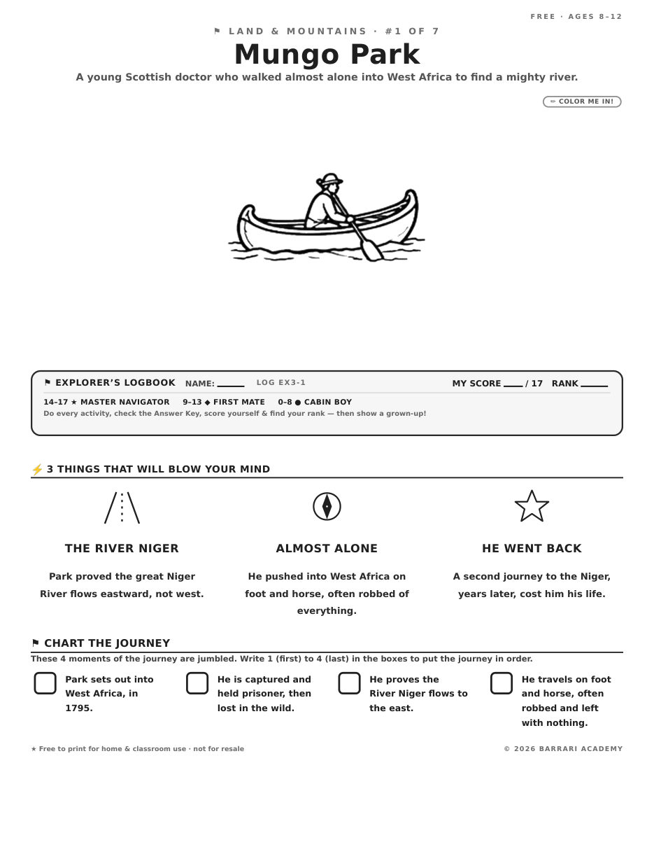 The free Mungo Park worksheet — fun facts and activities