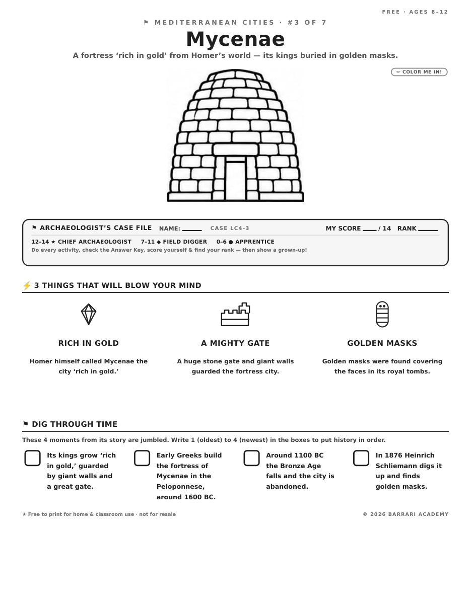The free Mycenae worksheet — fun facts and activities